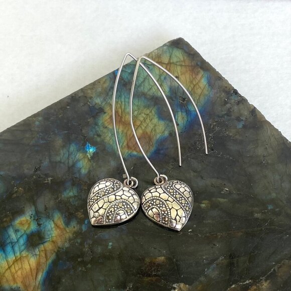 Sterling Silver 925 Marcasite Puffy Heart Threader Style Dangle Drop Earrings - Picture 6 of 16